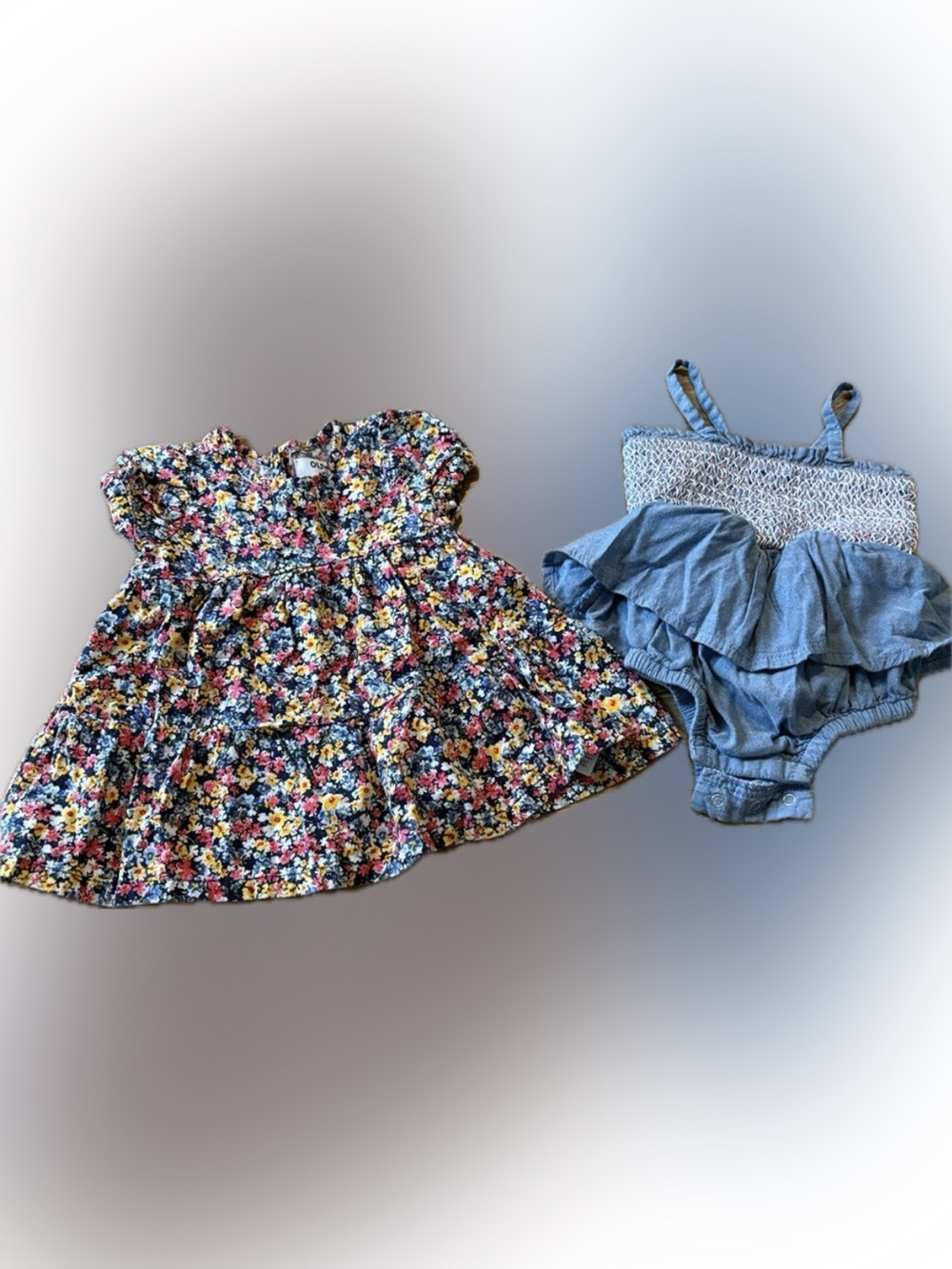 Old Navy Floral Dress and Chambray Ruffle Romper Set - Yellow, Pink, Blue
